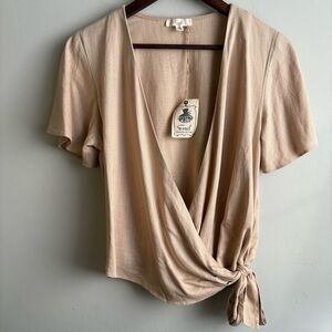 Easel Los Angeles Wrap Top Boho Tie Waist Short Sleeve Tan Linen Blend Small